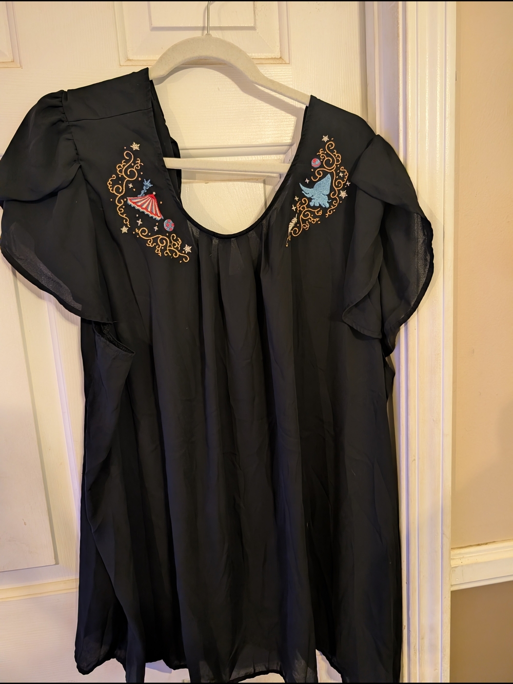 Black Embroidered Flutter Sleeve Blouse